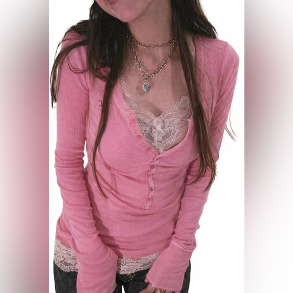 Hollister Tops - Very rare Hollister Y2K 90’s vintage pink Henley buttons ribbed large pink